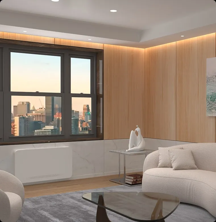 A living room with a city view