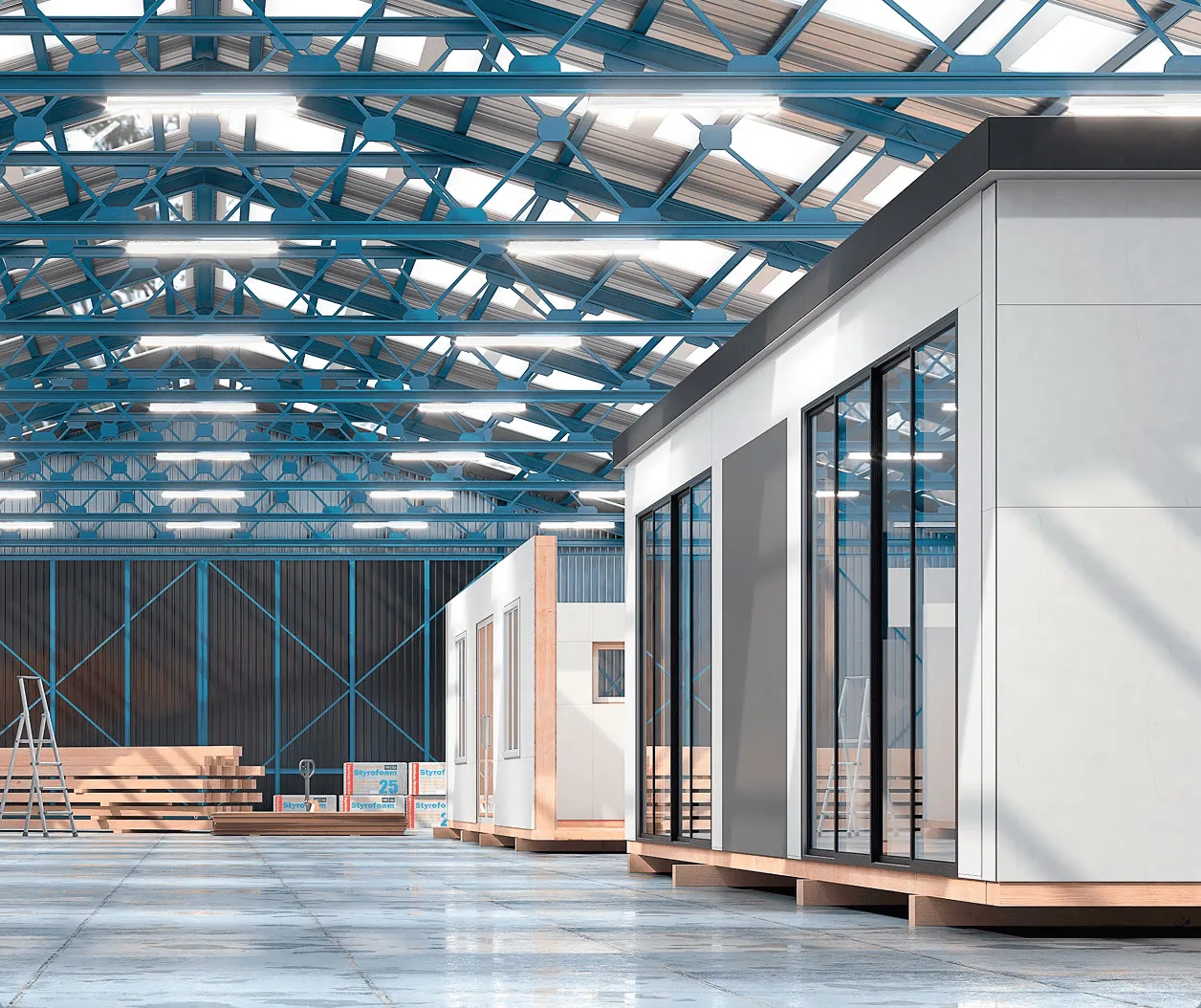 A finished housing module inside the factory hall