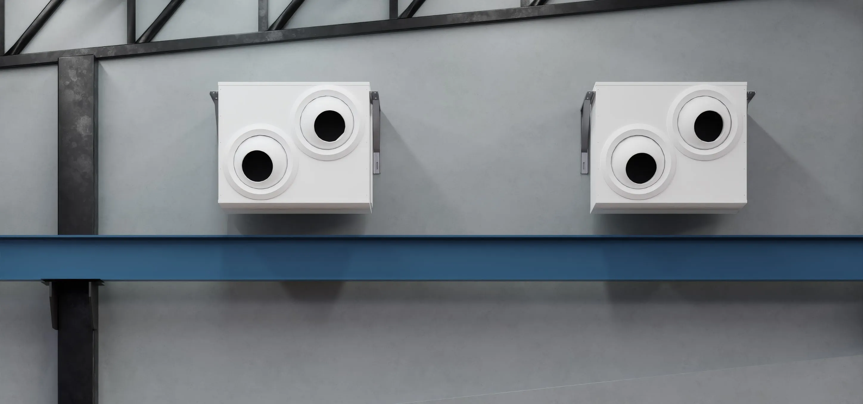 Two OKKI air-jet units mounted on an industrial wall