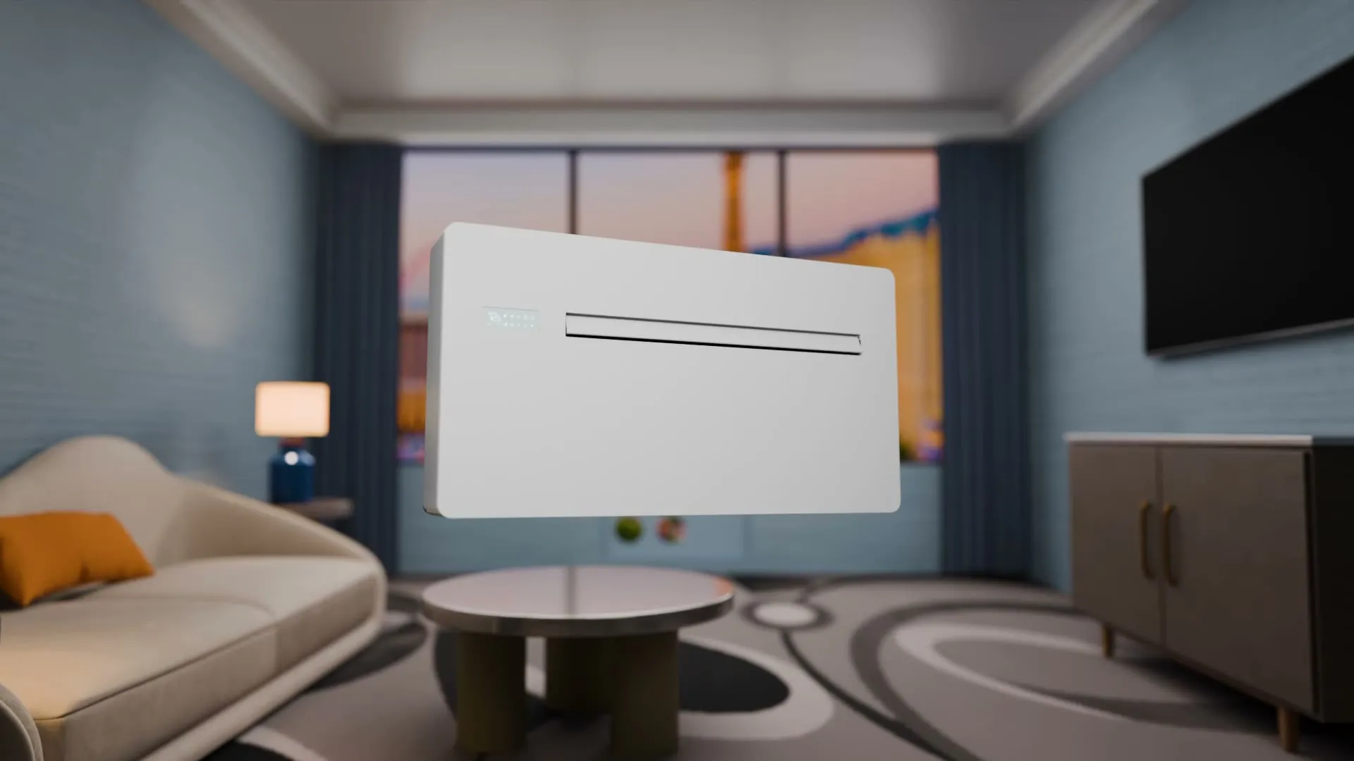 A hotel room with the wall-mounted All-In-One unit below the window