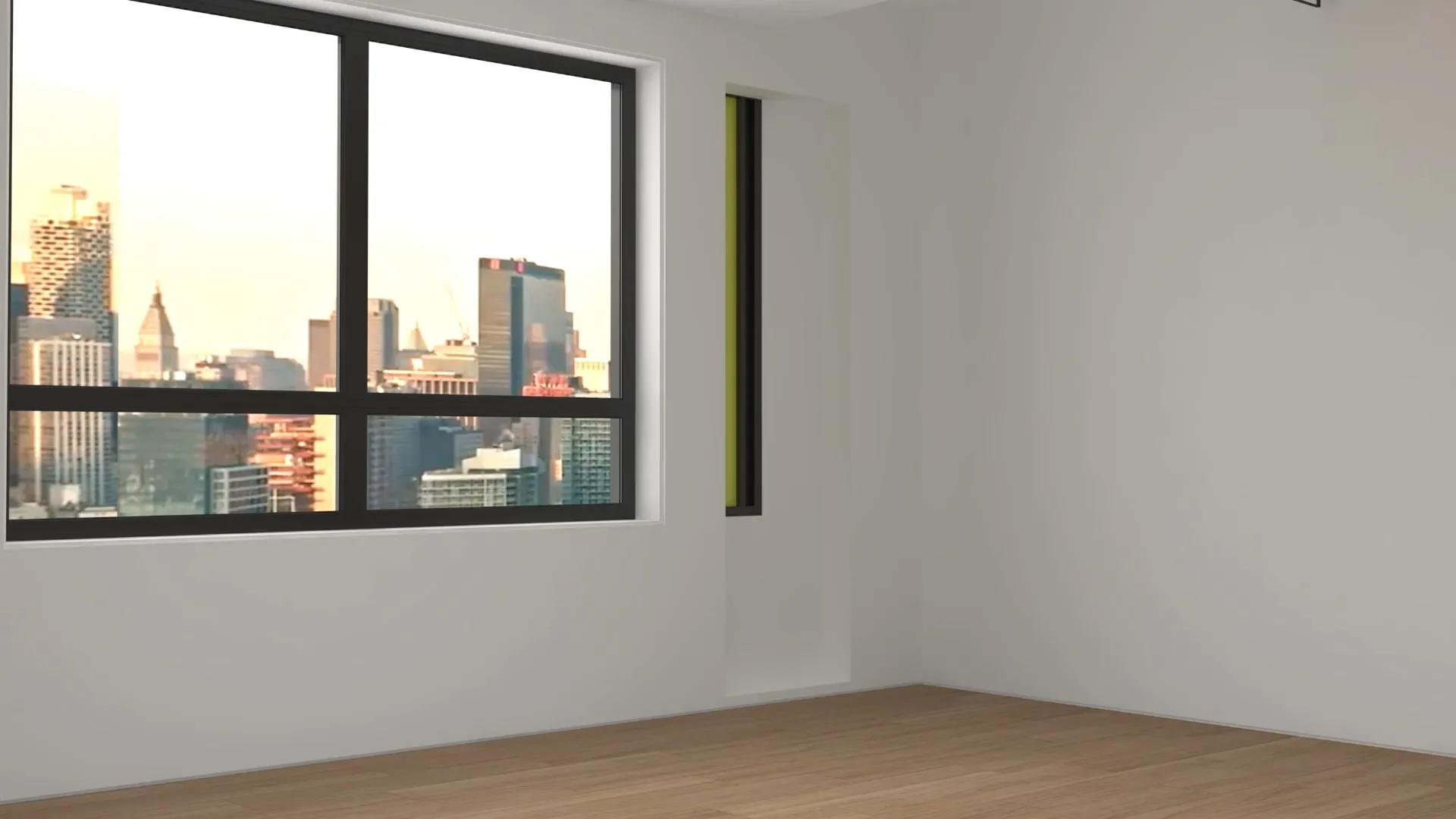 An empty room by a city-view window, ready for an AIO Slim V