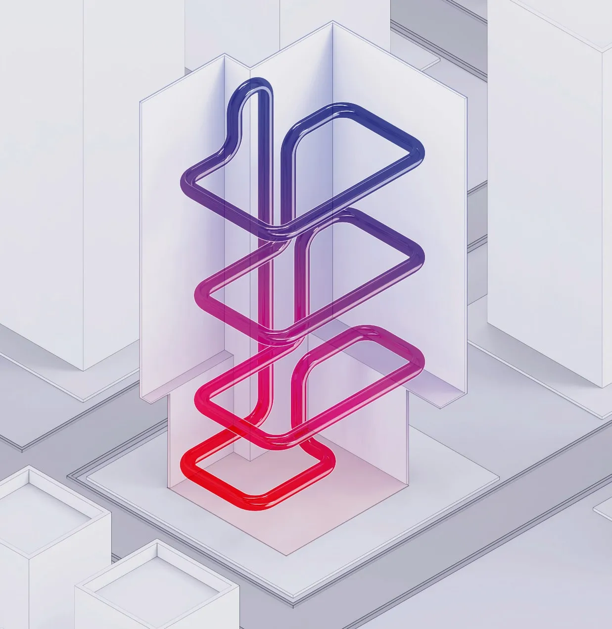 Abstract 3D artwork of coloured tubing threaded through building blocks