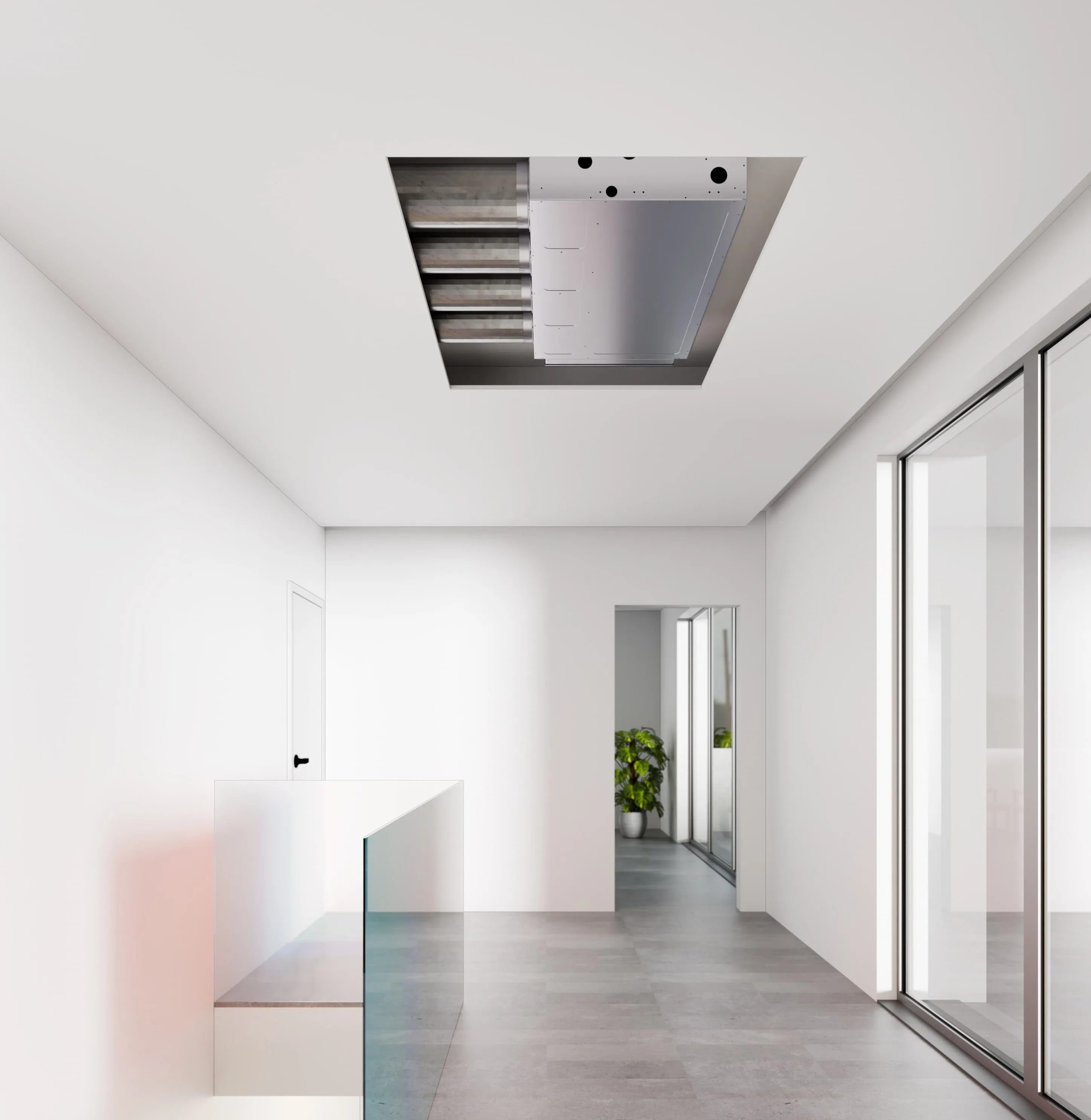 An OSMO ceiling-recessed unit above a bright hallway