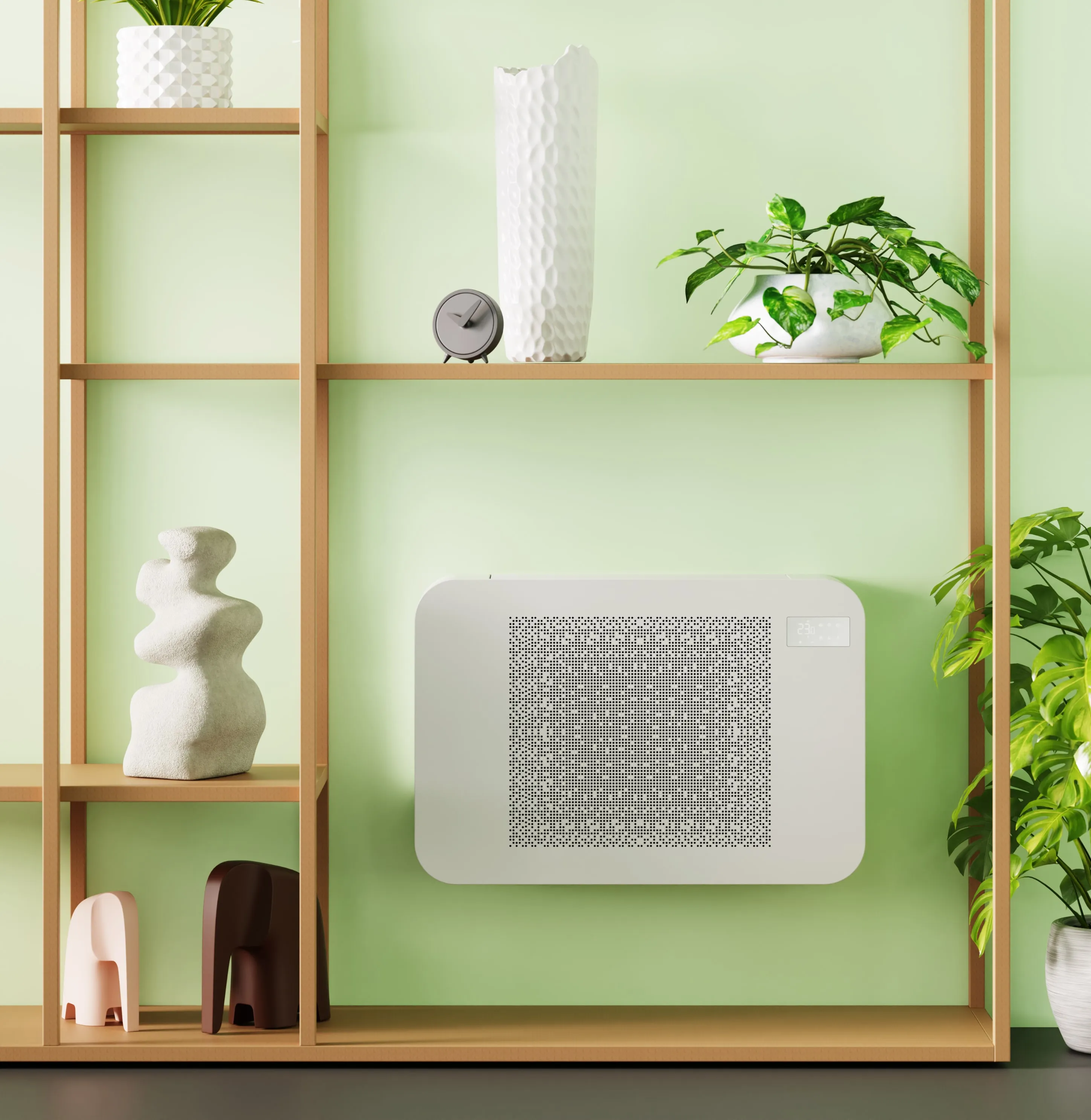 An OSMO wall-mounted unit on a green wall between wooden shelves
