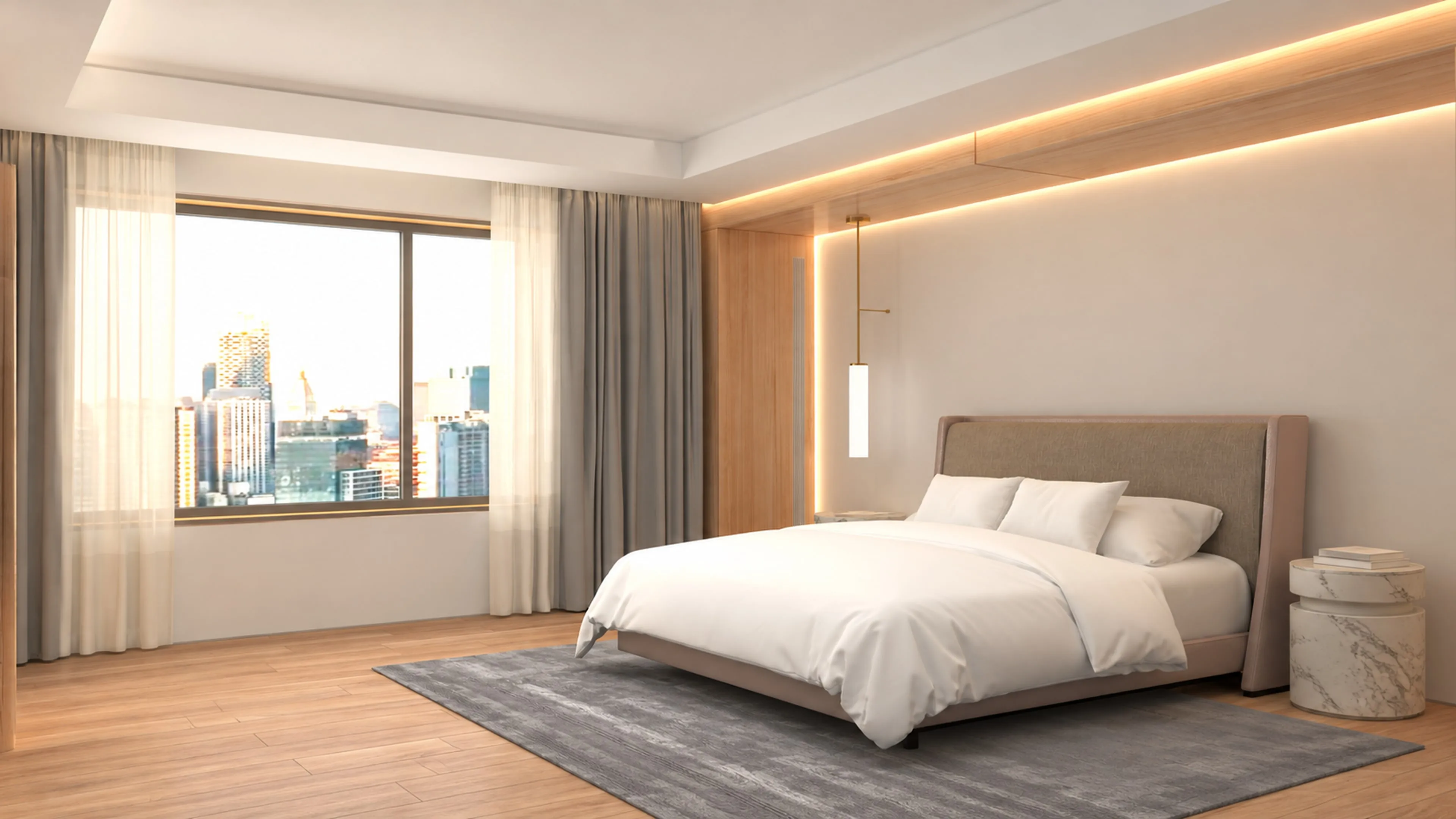 A hotel bedroom with a city view through floor-to-ceiling windows