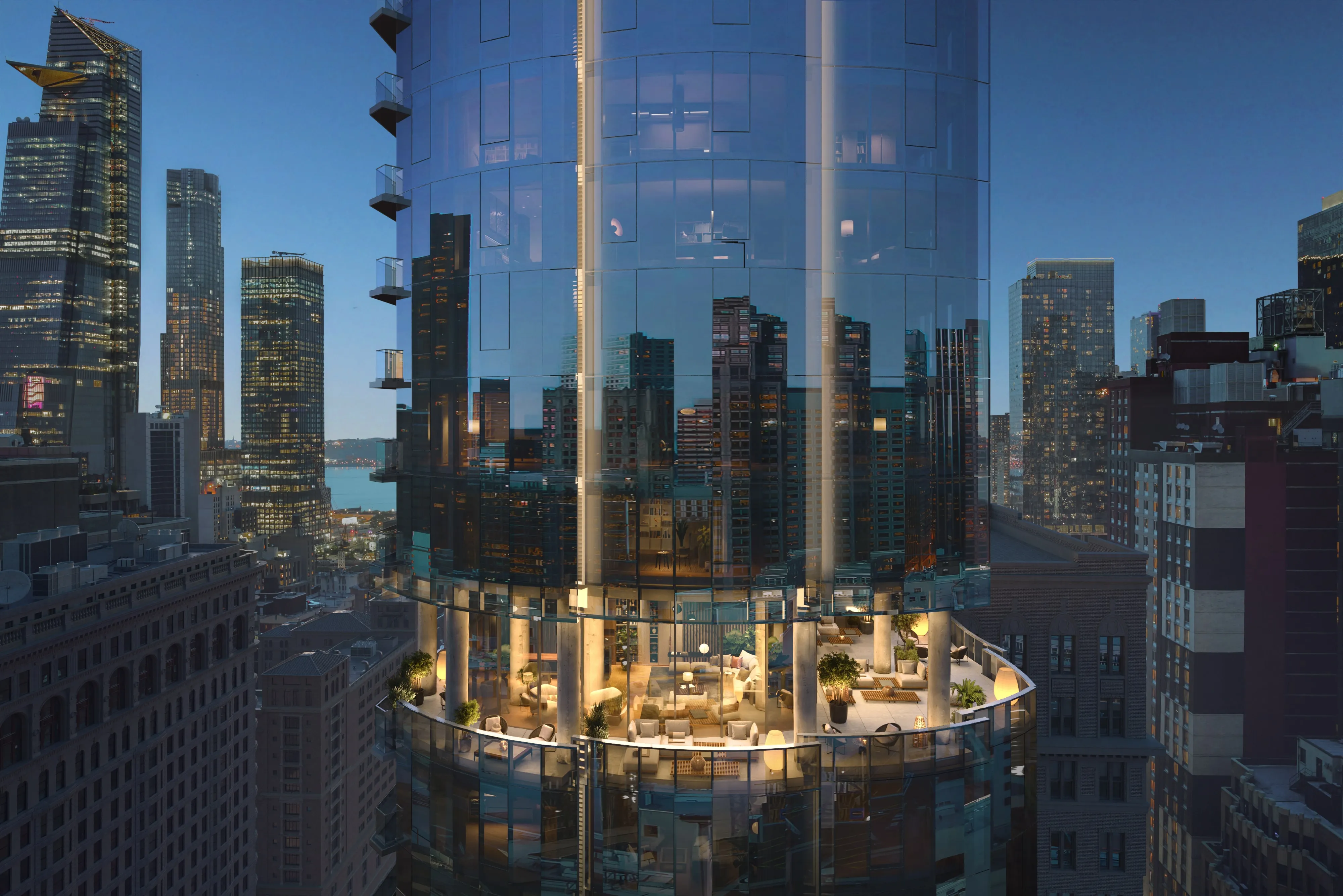 Manhattan towers at dusk seen from a high terrace