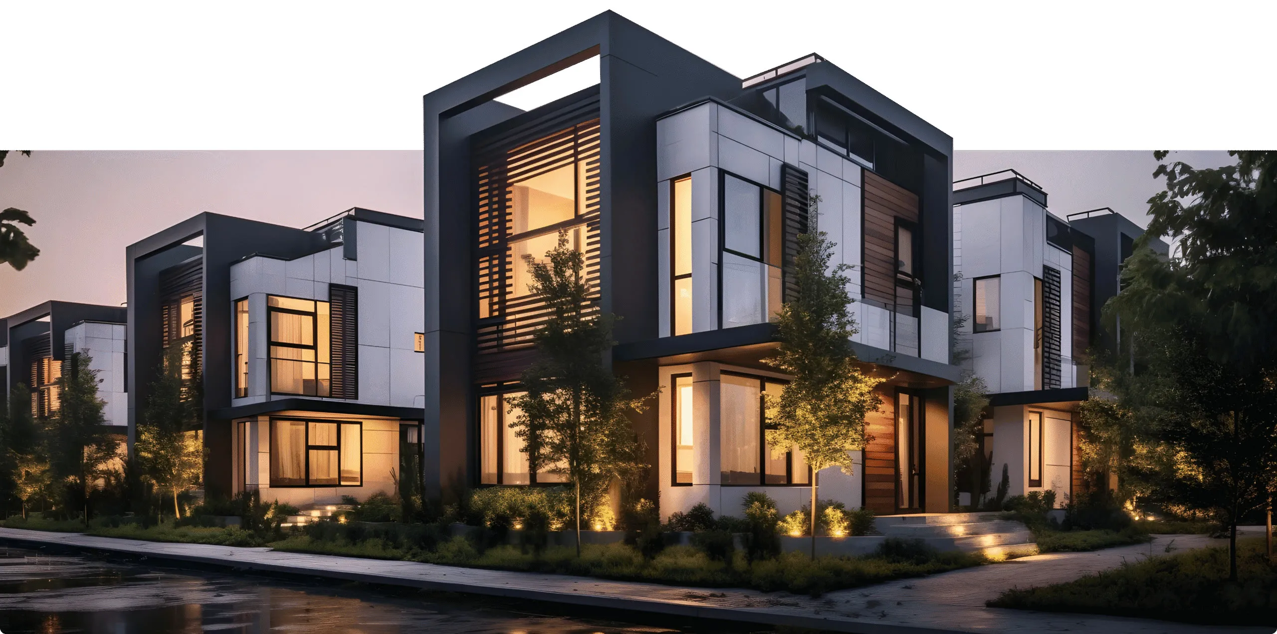 A street of modern modular homes at dusk