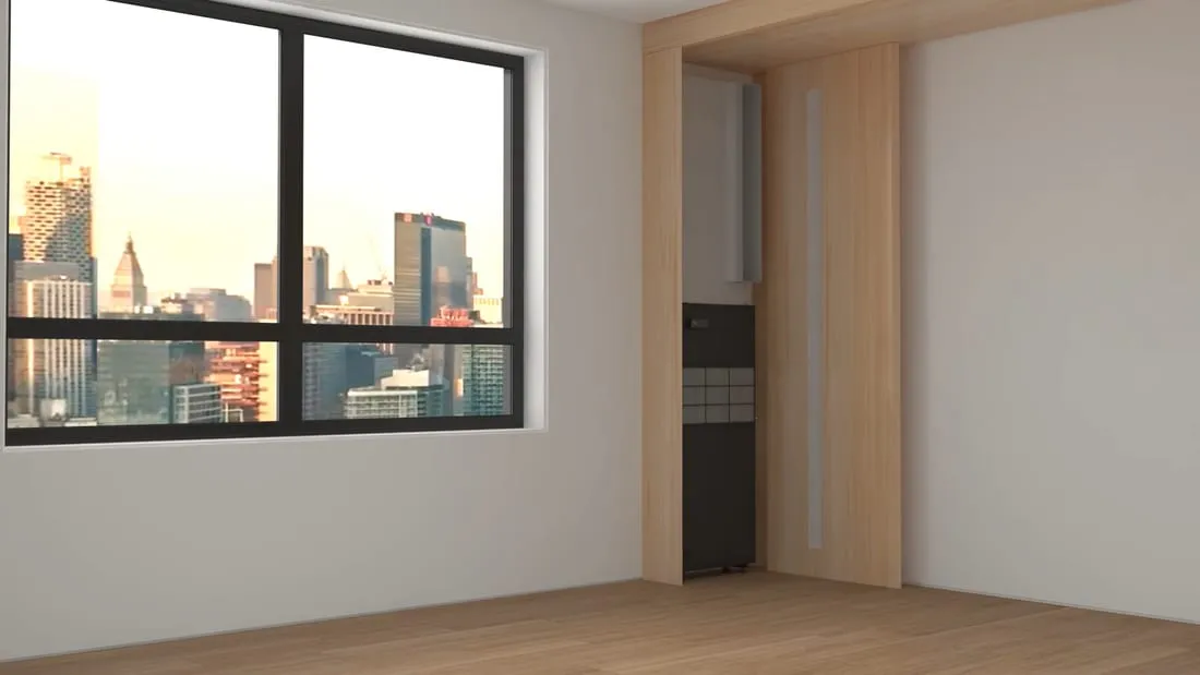 A black Slim V unit standing in an open wall closet beside a wood door, in an empty room with a city view