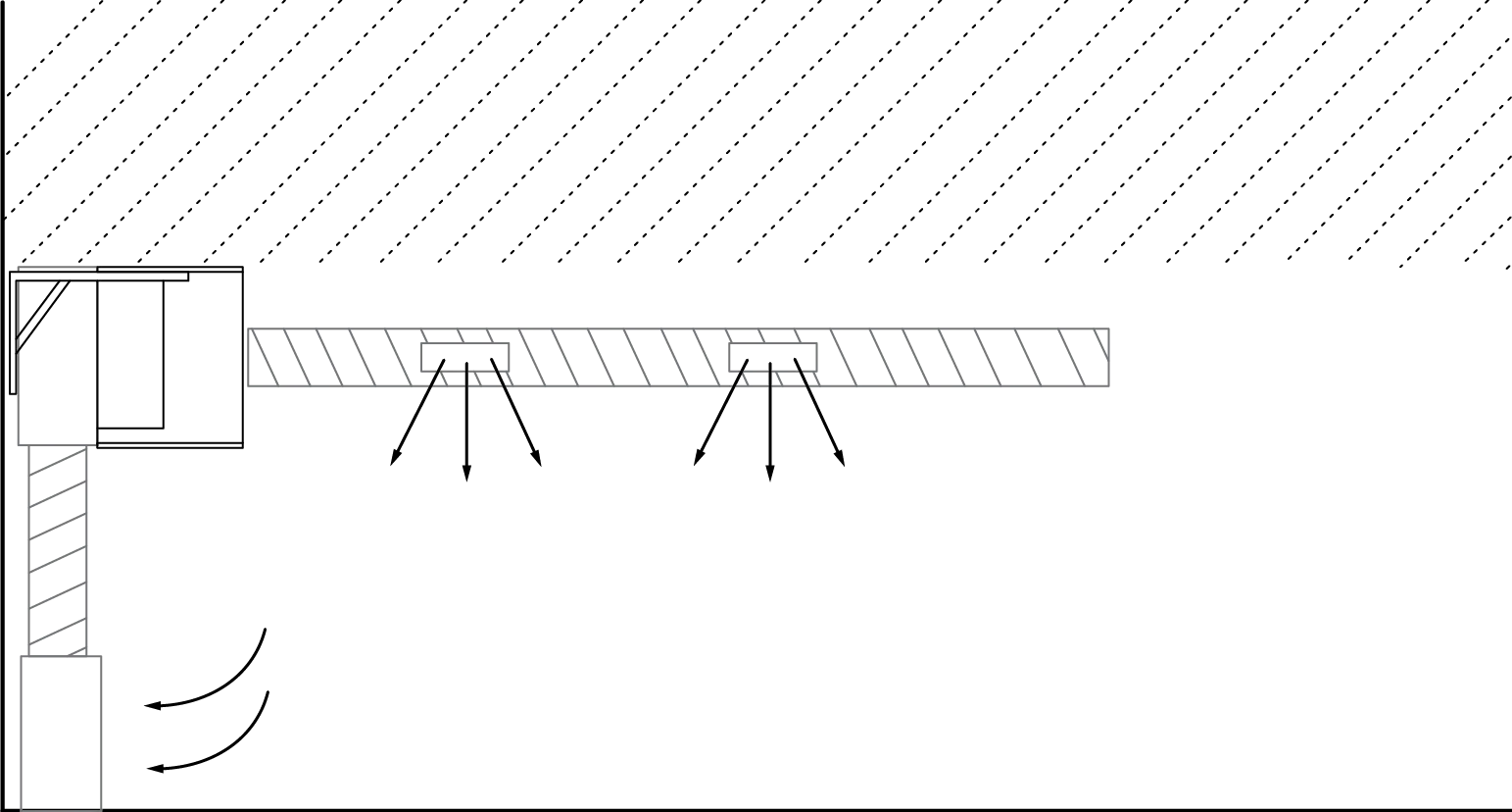 Line drawing: a wall unit supplying a duct with two grilles