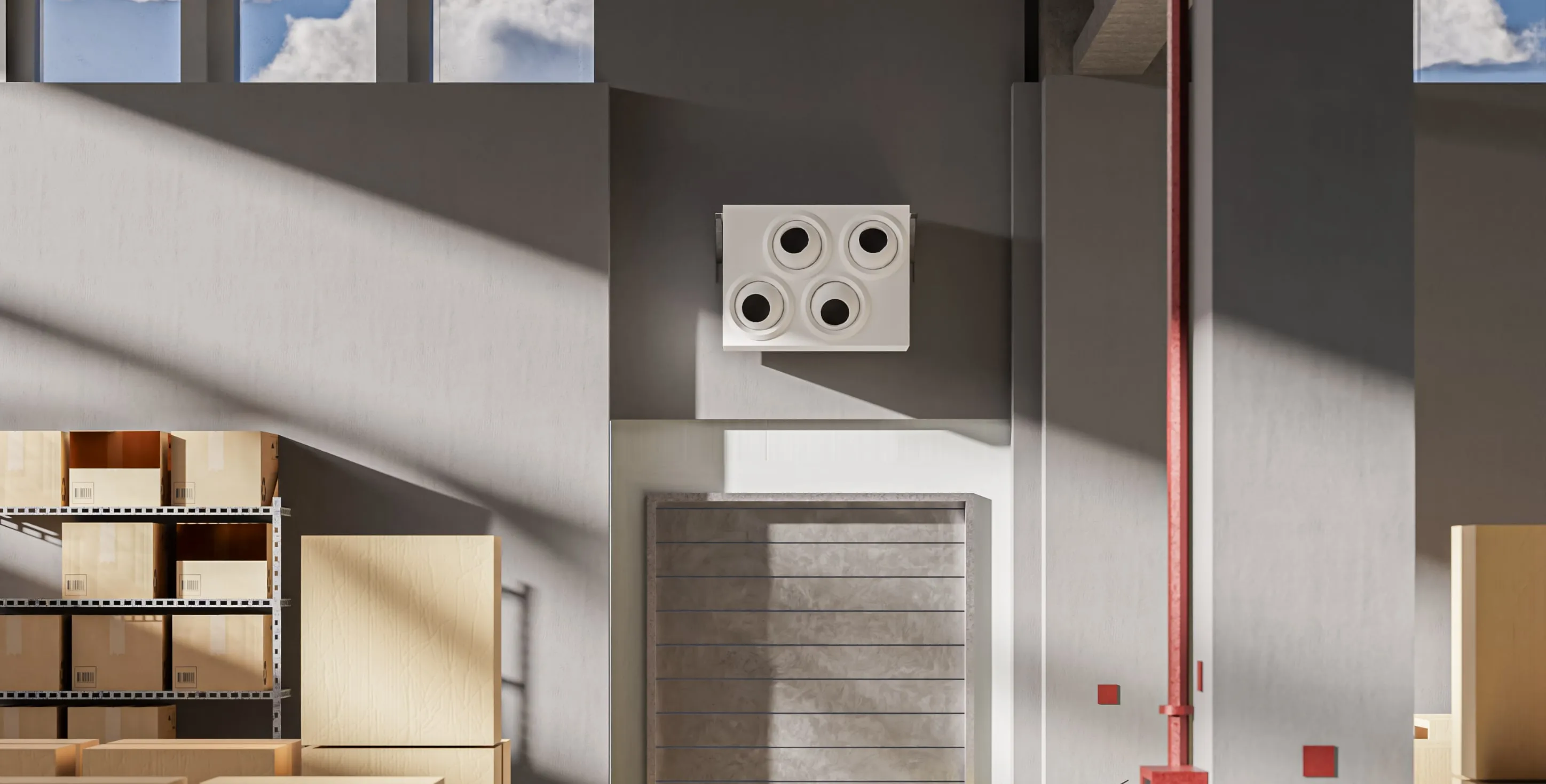 An OKKI unit high on a warehouse wall