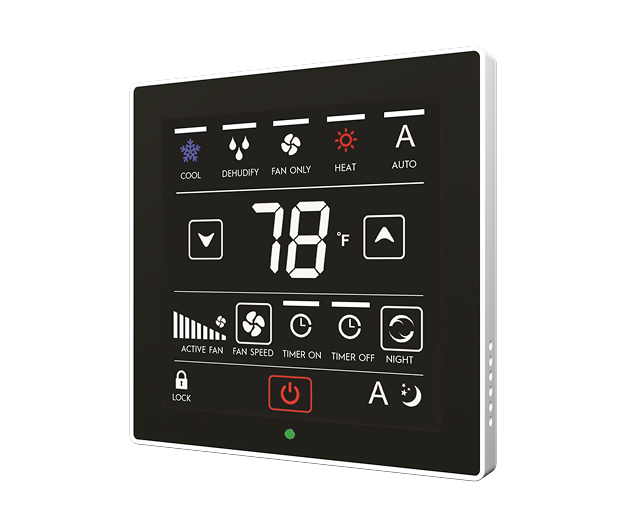Basic touch HVAC controller with glass panel and LED display.